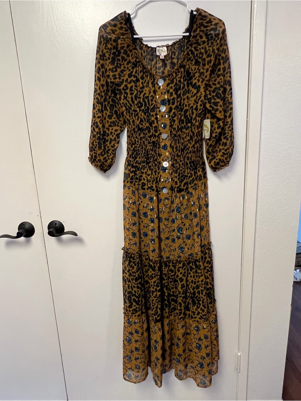 Leopard and Floral Print Tiered Maxi Dress in Mustard